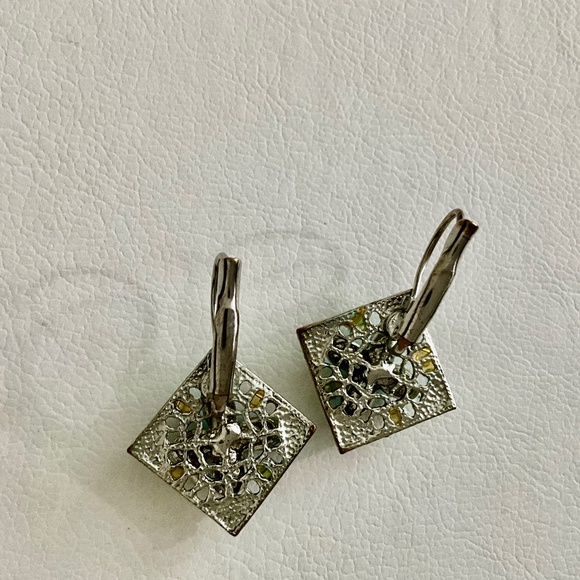 Silver Tone Square Filigree with Blue Teardrop Rhinestones Earrings - Picture 2 of 2